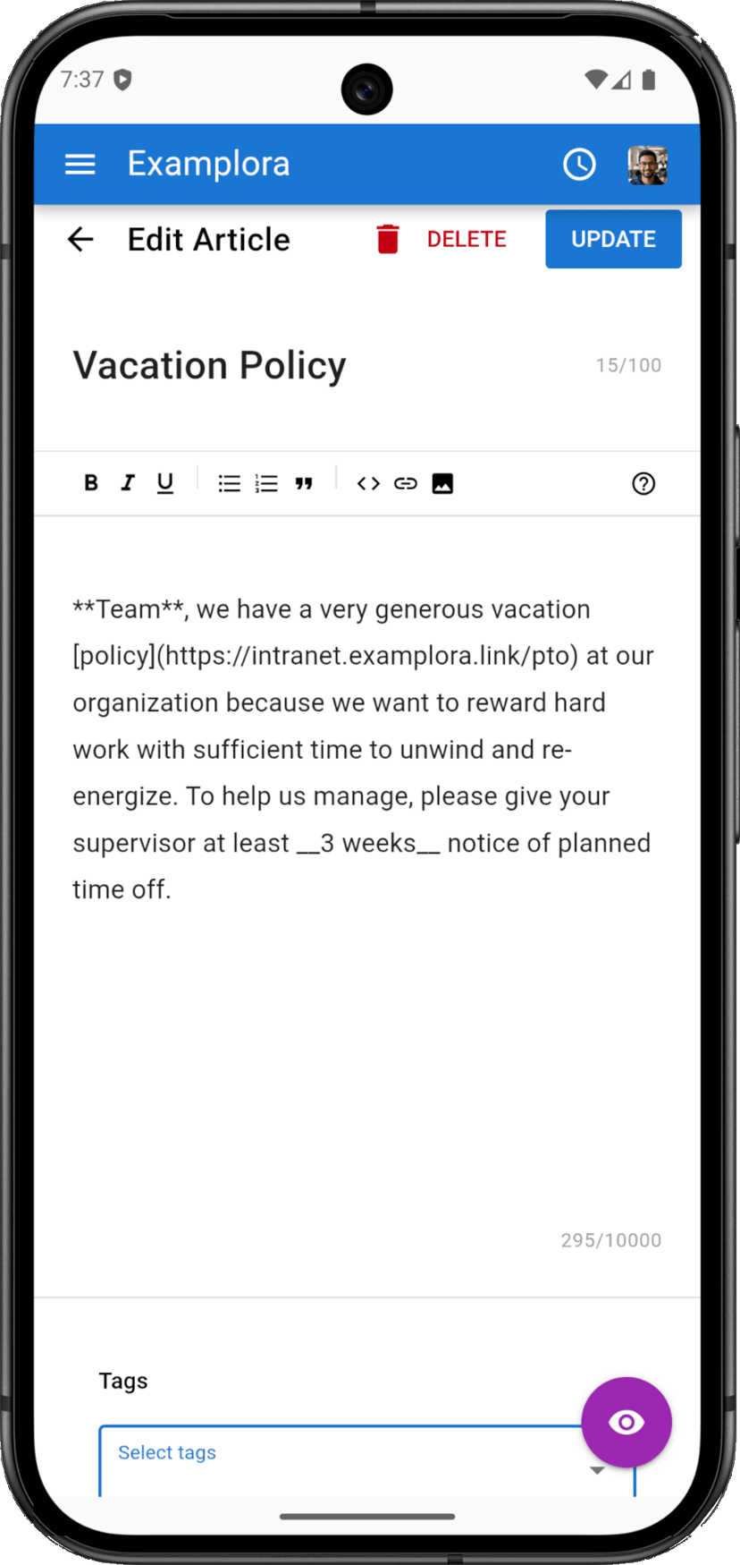 Included markdown editor